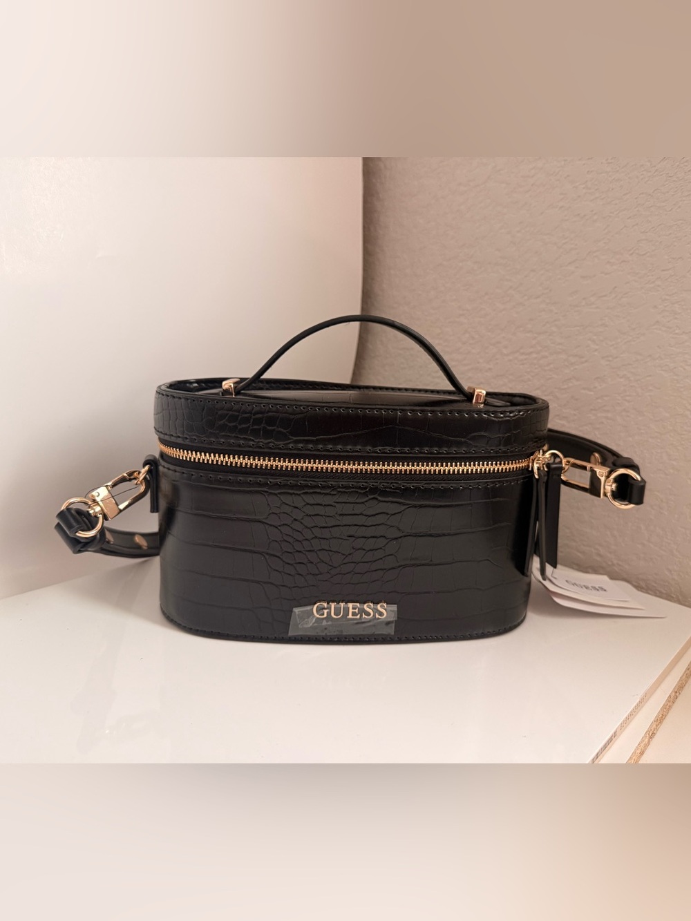 GUESS Black Croc-Embossed Mini Top-Handle Crossbody